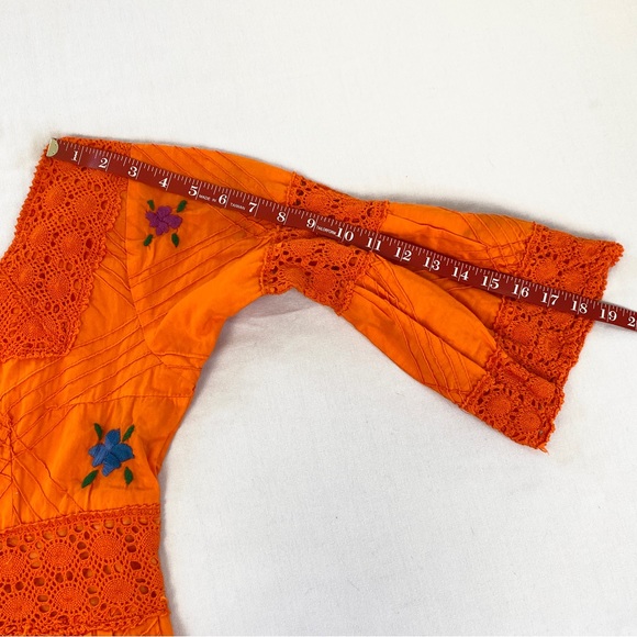 Vintage Boho Embroidered Floral Orange Maxi Dress Bell Sleeves Small - Picture 12 of 16